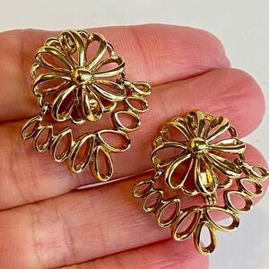 Monet Vintage Gold Tone Articulated Floral Clip On Earrings Statement Jewelry